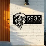 Custom Metal Wolf howling on full moon Metal Address Sign, House number, Outdoor Number Signage, Yard Sign Address Plate001