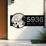 Custom Metal Sun mountain river scene Metal Address Sign, House number, Outdoor Number Signage, Yard Sign Address Plate