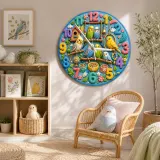 Verspielte Haustier-Vögel und Sittiche Wanduhr für Kinderzimmer | Bunte Vogelhaus-Kinderzimmer Dekoration, Geschenk zum Geburtstag (34,5 cm)