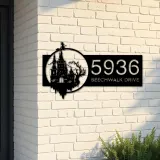 Custom Metal Haunted Castle Flying Witch Halloween Metal Address Sign House number Hanging Address Plaque Yard Sign Outdoor