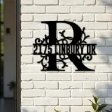 Custom Metal Floral Monogram Split Letter R Metal Address Sign House number Hanging Address Plaque Yard Sign Outdoor decor