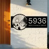 Custom Metal Sun mountain river scene Metal Address Sign, House number, Outdoor Number Signage, Yard Sign Address Plate