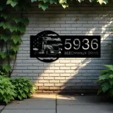 Custom Metal Semi truck on US flag trucker driver Metal Address Sign, House number, Outdoor Number Signage, Yard Sign Address Plate