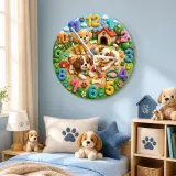 Reloj de pared infantil con cachorros juguetones | Decoración de guardería temática de perros, regalo de cumpleaños y baby shower para niños y niñas (34.5 cm)