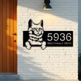 Custom Metal Turkis Angora Cute peeking cat Metal Address Sign, House number, Outdoor Number Signage, Yard Sign Address Plate