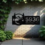 Custom Metal Boat on River Mountain Forest Wild Scene Metal Address Sign House Number Hanging Address Plaque Yard Sign Outdoor Sign