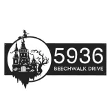 Custom Metal Haunted Castle Flying Witch Halloween Metal Address Sign House number Hanging Address Plaque Yard Sign Outdoor