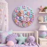 Magical Mermaid Tea Party Kids Room Wall Clock | Pastel Under The Sea Nursery Decor, Little Girl Birthday Keepsake (13.6 inch / 34.5 cm)