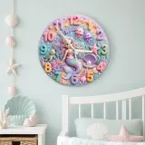 Pastel Mermaid Ocean Kids Room Wall Clock | Under The Sea Nursery Decor, Little Girl Birthday Baby Shower Gift Art (13.6 inch / 34.5 cm)