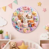 Whimsical Birthday Party Animals Kids Room Wall Clock | Pastel Woodland Nursery Decor, Bunny Bear Fox Baby Shower Gift (13.6 inch / 34.5 cm)