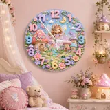Magical Fairy Mushroom Kids Room Wall Clock | Pastel Enchanted Garden Nursery Decor, Sweet Baby Girl Birthday Keepsake (13.6 inch / 34.5 cm)