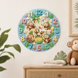 Playful Jungle Monkey Kids Room Wall Clock | Safari Nursery Decor, Cute Tropical Baby Shower Gift For Boys & Girls (13.6 inch / 34.5 cm)