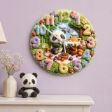 Woodland Panda & Red Panda Picnic Kids Room Wall Clock | Cute Forest Animal Nursery Decor, Baby Shower Gift Keepsake (13.6 inch / 34.5 cm)