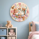 Teddy Bear Tea Party Kids Room Wall Clock | Pastel Nursery Decor, Sweet Baby Shower Birthday Gift (13.6 inch / 34.5 cm)