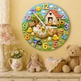 Cute Farm Chickens Kids Room Wall Clock | Baby Chick Nursery Decor, Playroom Wall Art, Sweet Birthday Gift Keepsake (13.6 inch / 34.5 cm)