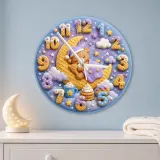 Sleeping Bear Moon Kids Room Wall Clock | Pastel Night Sky Nursery Decor, Sweet Baby Shower Gift (13.6 inch / 34.5 cm)