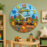 Construction Site Vehicles Kids Room Wall Clock | Boys Nursery Decor, Playroom Wall Art, Perfect Toddler Boy Gift Idea (13.6 inch / 34.5 cm)