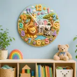 Safari Jungle Animals Kids Room Wall Clock | Cute Lion Elephant Nursery Decor, Unique Baby Shower Gifts for Newborns (13.6 inch / 34.5 cm)