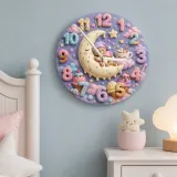 Pastel Sweet Dreams Bear Kids Room Wall Clock | Moon And Stars Whimsical Nursery Decor, Cute Baby Girl Shower Gift (13.6 inch / 34.5 cm)