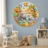 Safari Hippo Family Kids Room Wall Clock | Cute Jungle Animal Nursery Decor, Beautiful Baby Shower Gifts & Keepsakes (13.6 inch / 34.5 cm)