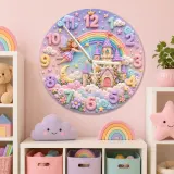 Magical Fairy Tale Castle Kids Room Wall Clock | Pastel Rainbow Nursery Decor, Little Girl Bedroom Birthday Keepsake (13.6 inch / 34.5 cm)