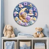 Sleeping Bear and Owl Kids Room Wall Clock | Pastel Starry Night Nursery Decor, Baby Shower Gift For Boys & Girls (13.6 inch / 34.5 cm)