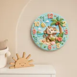 Tropical Beach Monkey Kids Room Wall Clock | Cute Ocean Animal Nursery Decor, Baby Boy Girl Playroom Birthday Gift (13.6 inch / 34.5 cm)