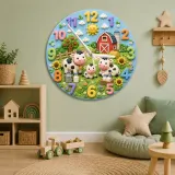 Farm Animal Cow Family Kids Room Wall Clock | Rustic Red Barn Nursery Decor, Baby Shower Gift For Boys And Girls Room (13.6 inch / 34.5 cm)