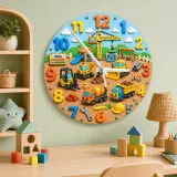 Construction Trucks Playground Kids Room Wall Clock | Boys Nursery Decor, Little Builder Toddler Birthday Gift Idea (13.6 inch / 34.5 cm)