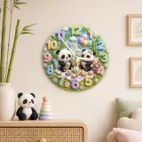 Whimsical Panda Tea Party Kids Room Wall Clock | Pastel Bamboo Nursery Decor, Baby Shower Birthday Keepsake Present (13.6 inch / 34.5 cm)