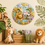Safari Jungle Animals Kids Room Wall Clock | Cute Lion Elephant Nursery Decor, Unique Baby Shower Gifts for Newborns (13.6 inch / 34.5 cm)