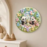 Whimsical Panda Tea Party Kids Room Wall Clock | Pastel Bamboo Nursery Decor, Baby Shower Birthday Keepsake Present (13.6 inch / 34.5 cm)