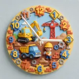 Construction Trucks Kids Room Wall Clock | Digger & Crane Nursery Decor, Little Builder Boy Birthday Gift Keepsake (13.6 inch / 34.5 cm)