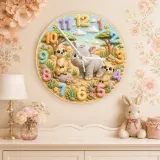 Cute Safari Rhino & Meerkat Kids Room Wall Clock | Wild Animal Nursery Decor, Baby Shower Birthday Keepsake Present (13.6 inch / 34.5 cm)