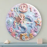Pastel Mermaid And Dolphin Kids Room Wall Clock | Magical Ocean Nursery Decor Art, Little Girl Bedroom Birthday Gift (13.6 inch / 34.5 cm)