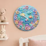 Pastel Ocean Coral Reef Kids Room Wall Clock | Under The Sea Nursery Decor, Cute Baby Girl Birthday Gift Keepsake (13.6 inch / 34.5 cm)