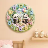 Whimsical Panda Tea Party Kids Room Wall Clock | Pastel Bamboo Nursery Decor, Baby Shower Birthday Keepsake Present (13.6 inch / 34.5 cm)