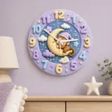 Sleeping Monkey on Moon Kids Room Wall Clock | Pastel Night Sky Nursery Decor, Cute Baby Shower Gift for Newborns (13.6 inch / 34.5 cm)