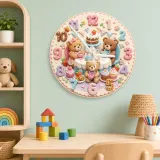 Teddy Bear Tea Party Kids Room Wall Clock | Pastel Nursery Decor, Sweet Baby Shower Birthday Gift (13.6 inch / 34.5 cm)