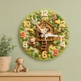 Happy Monkey Treehouse Kids Room Wall Clock | Safari Jungle Nursery Decor, Baby Boy Shower Gift & Wood Playroom Art (13.6 inch / 34.5 cm)