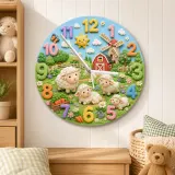 Farm Animal Sheep Kids Room Wall Clock | Whimsical Barnyard Nursery Decor, Baby Shower Gift For Boy Or Girl Room Art (13.6 inch / 34.5 cm)