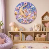 Sleeping Fairy Moon Kids Room Wall Clock | Magical Pastel Cloud Nursery Decor, Baby Girl Room Birthday Keepsake Gift (13.6 inch / 34.5 cm)