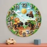 Safari Animal Monster Truck Kids Room Wall Clock | Dinosaur Boy Nursery Decor, Fun Toddler Playroom Birthday Gift Idea (13.6 inch / 34.5 cm)