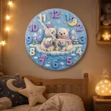 Polar Bear Family Kids Room Wall Clock | Arctic Winter Wonderland Nursery Decor, Cute Baby Shower Gift For Newborn (13.6 inch / 34.5 cm)