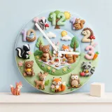 Woodland Animal Picnic Kids Room Wall Clock | Faux Felt Forest Nursery Decor, Baby Shower Gift For Baby Boys & Girls (13.6 inch / 34.5 cm)