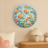 Whimsical Goldfish Pond Kids Room Wall Clock | Pastel Lotus Flower Nursery Home Decor, Sweet Newborn Baby Shower Gift (13.6 inch / 34.5 cm)