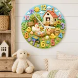 Cute Farm Chickens Kids Room Wall Clock | Baby Chick Nursery Decor, Playroom Wall Art, Sweet Birthday Gift Keepsake (13.6 inch / 34.5 cm)