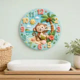 Tropical Beach Monkey Kids Room Wall Clock | Cute Ocean Animal Nursery Decor, Baby Boy Girl Playroom Birthday Gift (13.6 inch / 34.5 cm)
