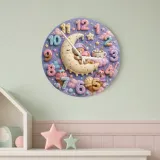 Pastel Sweet Dreams Bear Kids Room Wall Clock | Moon And Stars Whimsical Nursery Decor, Cute Baby Girl Shower Gift (13.6 inch / 34.5 cm)