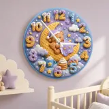 Sleeping Bear Moon Kids Room Wall Clock | Pastel Night Sky Nursery Decor, Sweet Baby Shower Gift (13.6 inch / 34.5 cm)